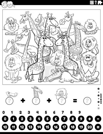 Illustration for Black and white cartoon illustration of educational mathematical counting and addition activity for children with dogs, cats and rabbits coloring page - Royalty Free Image