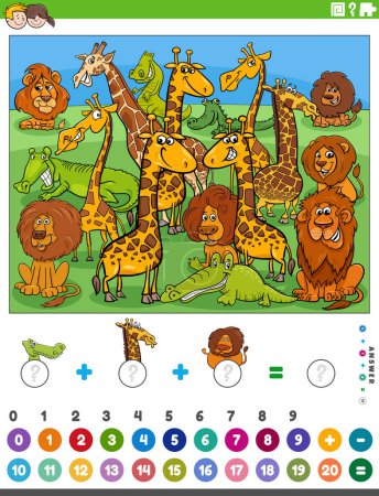 Illustration for Cartoon illustration of educational mathematical counting and addition activity for children with dogs, cats and rabbits - Royalty Free Image