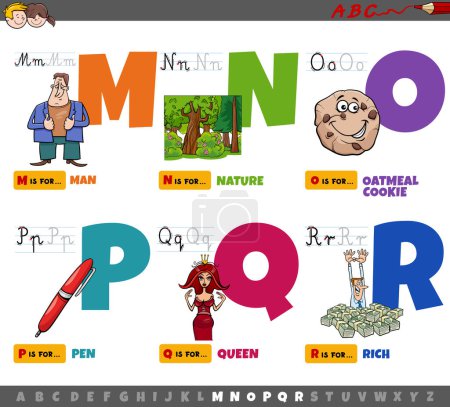Illustration de dessins animés de lettres majuscules de l'alphabet ensemble éducatif pour la pratique de la lecture et de l'écriture pour les enfants de M à R