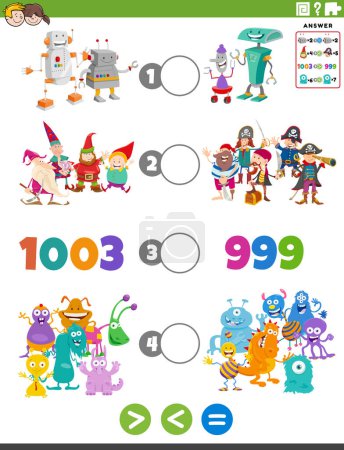Cartoon illustration of educational mathematical puzzle task of greater than, less than or equal to for children with fantasy characters and numbers