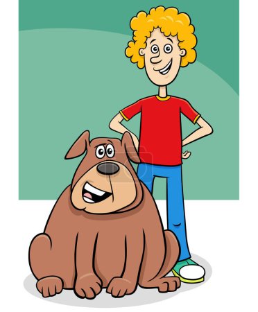 Cartoon illustration of funny boy character with his pet dog
