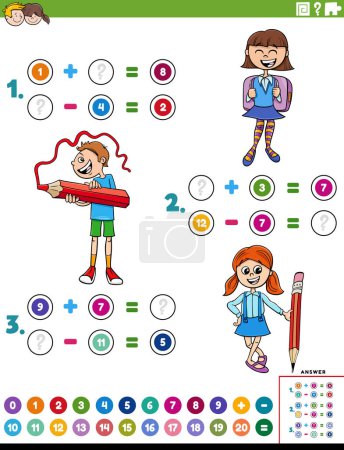 Illustration for Cartoon illustration of educational mathematical addition and subtraction puzzle with school children characters - Royalty Free Image