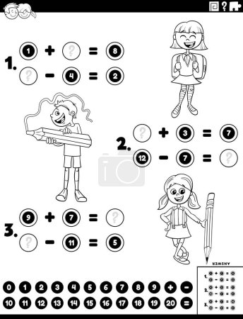 Illustration for Cartoon illustration of educational mathematical addition and subtraction puzzle with school children characters coloring page - Royalty Free Image