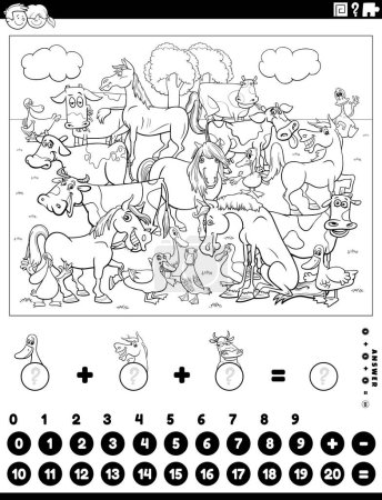 Illustration for Cartoon illustration of educational mathematical counting and addition activity for children with farm animals coloring page - Royalty Free Image
