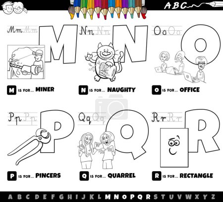 Black and white cartoon illustration of capital letters from alphabet educational set for reading and writing practise for children from M to R coloring page