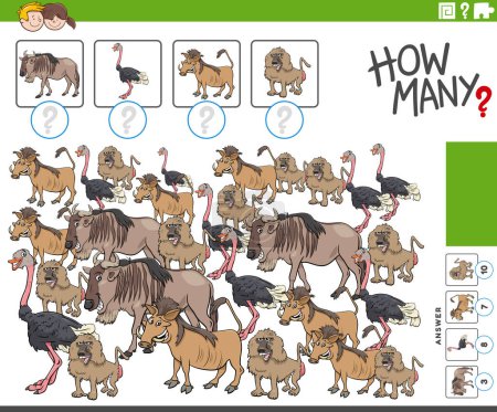 Cartoon-Illustration des pädagogischen Zählspiels mit Comic-wilden Tierfiguren