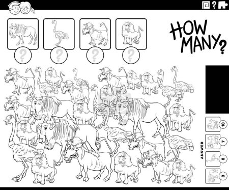 Cartoon illustration of educational counting game with comic wild animal characters coloring page