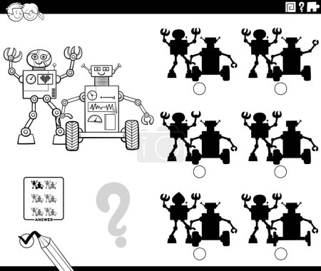 Cartoon illustration of finding the right picture to the shadow educational activity with robots coloring page