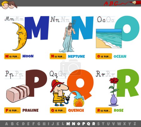 Illustration de dessins animés de lettres majuscules de l'alphabet ensemble éducatif pour la pratique de la lecture et de l'écriture pour les enfants de M à R