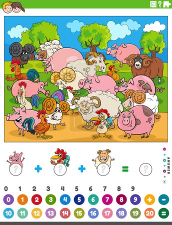 Illustration for Cartoon illustration of educational mathematical counting and addition task for children with farm animals - Royalty Free Image