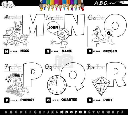 Black and white cartoon illustration of capital letters from alphabet educational set for reading and writing practise for children from M to R coloring page