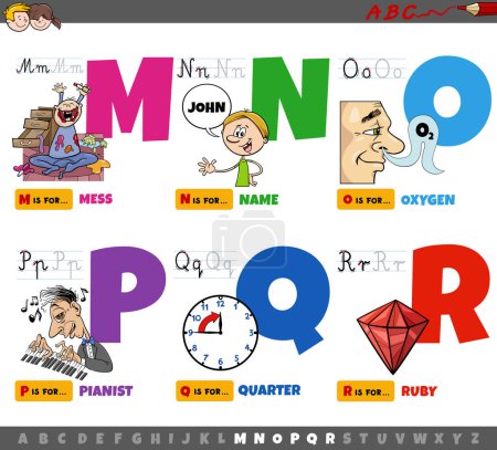 Zeichentrickillustration von Großbuchstaben aus dem Alphabet-Lernset für Lese- und Schreibübungen für Kinder von M bis R