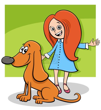 Cartoon illustration of little girl with funny brown dog character