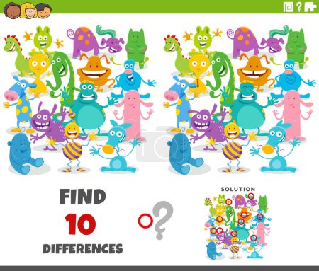 Ilustración de Dibujos animados ilustración de encontrar las diferencias entre imágenes juego educativo con divertidos monstruos coloridos personajes grupo - Imagen libre de derechos