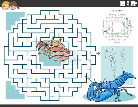 Cartoon illustration of educational maze puzzle game for children with crab and crayfish animal characters