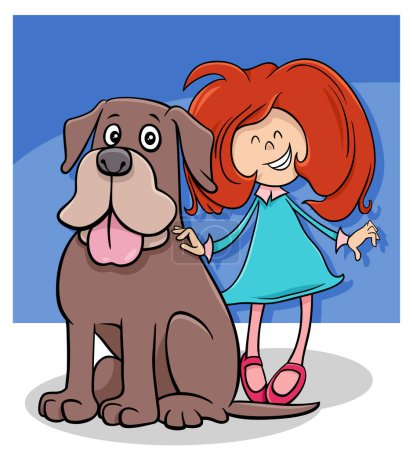 Cartoon illustration of little girl with funny big dog character