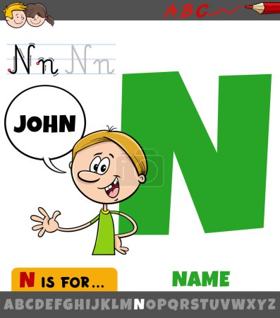 Illustration de bande dessinée éducative de la lettre N de l'alphabet avec phrase de nom