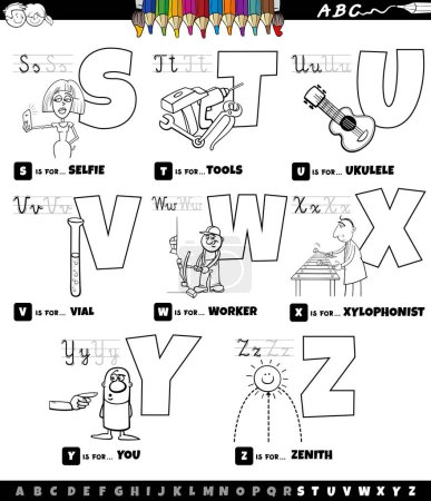 Dibujos animados en blanco y negro ilustración de letras mayúsculas alfabeto conjunto educativo para la práctica de lectura y escritura para niños de edad elemental de S a Z para colorear página del libro