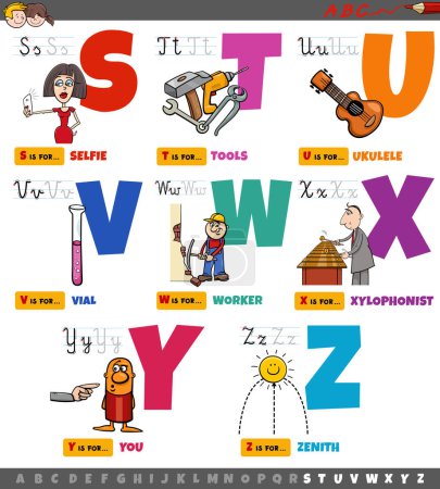 Zeichentrickillustration von Großbuchstaben Alphabet Lernset für Lese- und Schreibübungen für Kinder im Grundschulalter von S bis Z