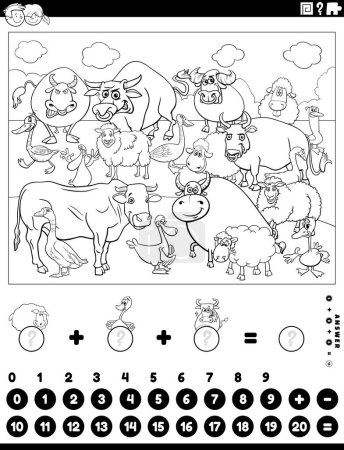 Illustration for Cartoon illustration of educational mathematical counting and addition activity for children with farm animals coloring page - Royalty Free Image