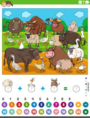 Illustration for Cartoon illustration of educational mathematical counting and addition activity for children with farm animals - Royalty Free Image