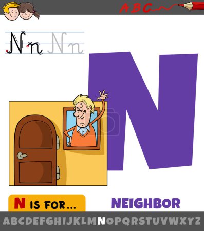 Educational cartoon illustration of letter N from alphabet with neighbor phrase