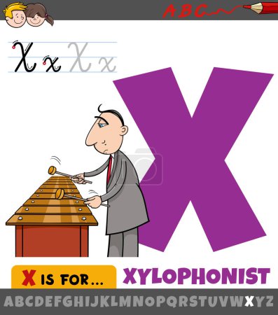 Educational cartoon illustration of letter X from alphabet with xylophonist musician