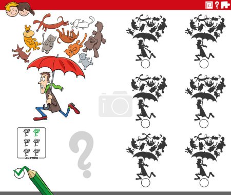 Cartoon illustration of finding the right picture to the shadow educational activity with raining cats and dogs proverb