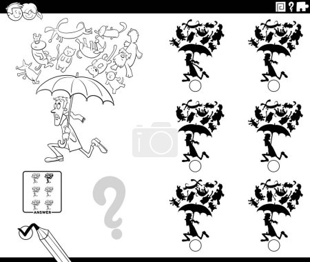 Cartoon illustration of finding the right picture to the shadow educational activity with raining cats and dogs proverb coloring page