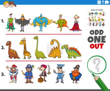 Cartoon illustration of odd one out picture in a row educational game for children with comic animal characters