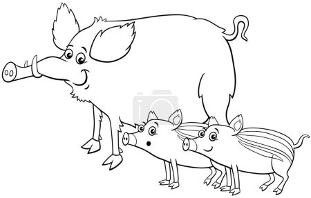 Cartoon illustration of funny wild boar comic animal character with boar piglets coloring page