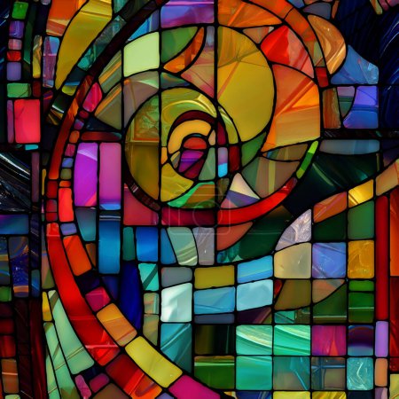 Renacimiento de la serie de vidrieras. Composición de diversas texturas de vidrio, colores y formas sobre el tema de la percepción de la luz, creatividad, arte y diseño.