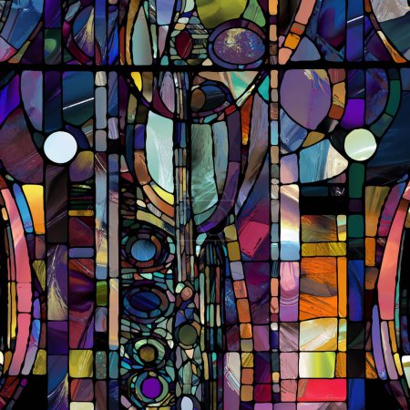 Série de vitraux pointus. Image de motifs abstraits en verre de couleur sur le sujet de la chroma, perception de la lumière et du motif, géométrie de la couleur et de la conception.