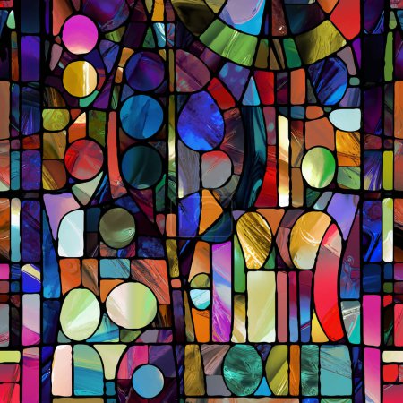Sharp Stained Glass series. Image of abstract color glass patterns on the subject of chroma, light and pattern perception, geometry of color and design.