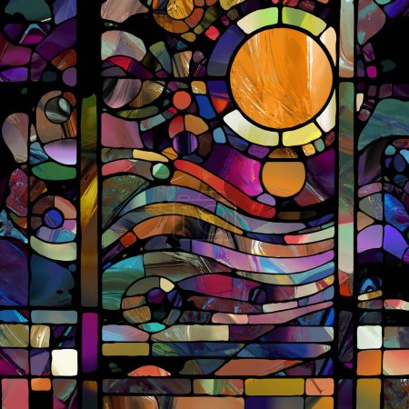 Sharp Stained Glass series. Backdrop design of abstract color glass patterns on the subject of chroma, light and pattern perception, geometry of color and design.