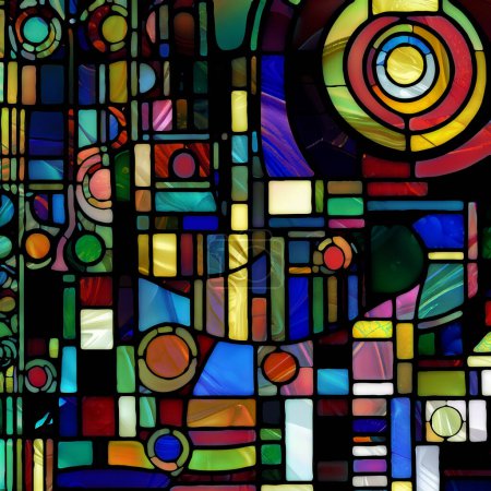 Renacimiento de la serie de vidrieras. Diseño hecho de diversas texturas de vidrio, colores y formas sobre el tema de la percepción de la luz, creatividad, arte y diseño.