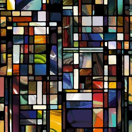 Téléchargez les photos : Série de vitraux pointus. Composition de motifs abstraits en verre de couleur sur le sujet de la chroma, perception de la lumière et du motif, géométrie de la couleur et de la conception. - en image libre de droit