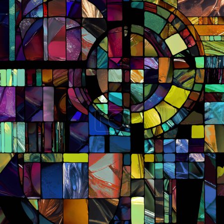 Téléchargez les photos : Série de vitraux pointus. Conception de toile de fond de motifs abstraits en verre de couleur sur le sujet de la chroma, perception de la lumière et des motifs, géométrie de la couleur et de la conception. - en image libre de droit