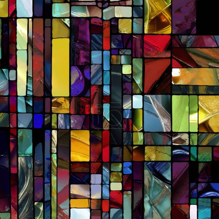 Téléchargez les photos : Série de vitraux pointus. Conception de toile de fond de motifs abstraits en verre de couleur sur le sujet de la chroma, perception de la lumière et des motifs, géométrie de la couleur et de la conception. - en image libre de droit