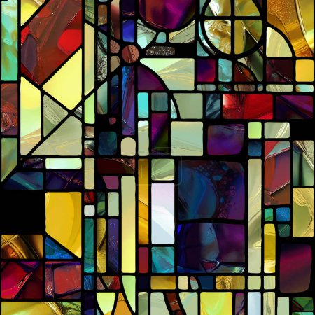 Téléchargez les photos : Sharp Stained Glass series. Composition of abstract color glass patterns on the subject of chroma, light and pattern perception, geometry of color and design. - en image libre de droit