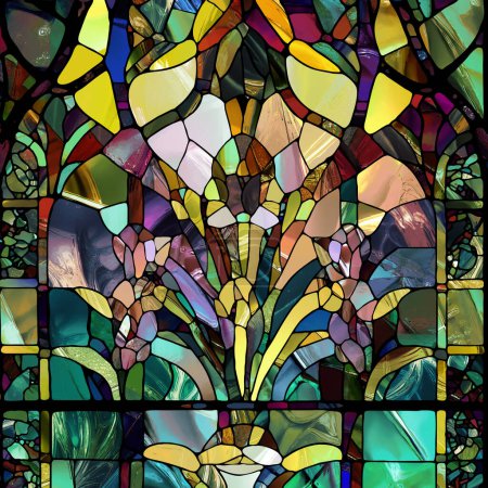 Sharp Glasmalerei Serie. Komposition abstrakter Farbglasmuster zum Thema Chroma, Licht- und Musterwahrnehmung, Geometrie von Farbe und Design.