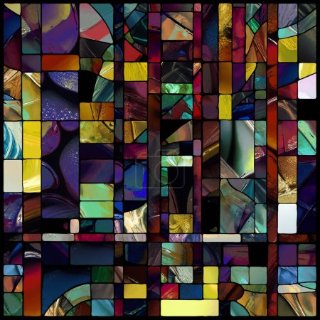 Téléchargez les photos : Série de vitraux pointus. Composition de motifs abstraits en verre de couleur sur le sujet de la chroma, perception de la lumière et du motif, géométrie de la couleur et de la conception. - en image libre de droit