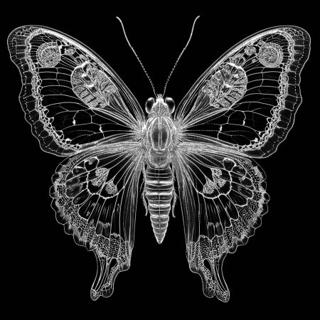 Erschaffung von Lebensformen Serie. Hintergrund eines zeitgenössischen Kunstwerks, das das Design eines Schmetterlings als punktiertes Diagramm zum Thema künstlerische Illustration, Phantasie, Komposition und Gestaltung zeigt.