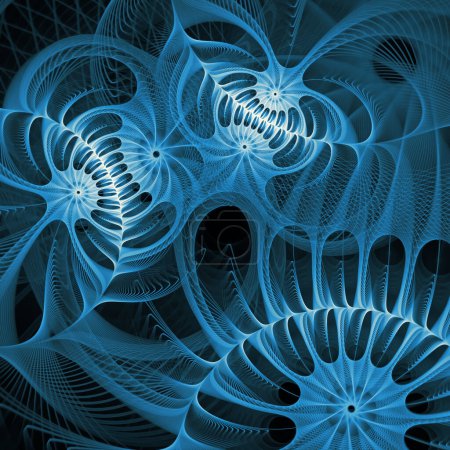 Frequency Motion Reihe. Abstrakter Hintergrund aus wirbelnden, verdrehten, interagierenden Wellenmustern zum Thema moderne Wissenschaft und Forschung.