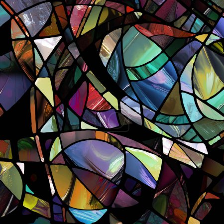 Téléchargez les photos : Série de vitraux pointus. Interaction de motifs abstraits en verre de couleur sur le sujet de la chroma, perception de la lumière et des motifs, géométrie de la couleur et de la conception. - en image libre de droit