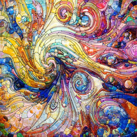 Série verre chatoyant. Composition de mosaïque de couleurs spectrales au sujet du chaos et de l'ordre dans la nature, Géométrie fractale, Illusions optiques.