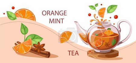 Illustration for Autumn hot fruit tea with spices and Beautiful teapot on a white background - Royalty Free Image