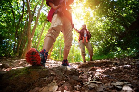 Dos excursionistas con mochilas caminando por el bosque disfrutando de la vista del valle y tomando fotos. ayudarse mutuamente