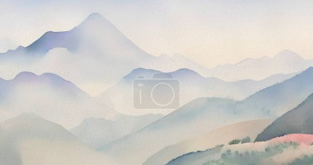 Foto de Pintura de montaña acuarela, montañas brumosas con sus picos de niebla. Azul gris acuarela tradicional cepillo de tinta oriental lavado en húmedo. Fondo de pintura de paisaje de curva ancha. ilustración de acuarela - Imagen libre de derechos