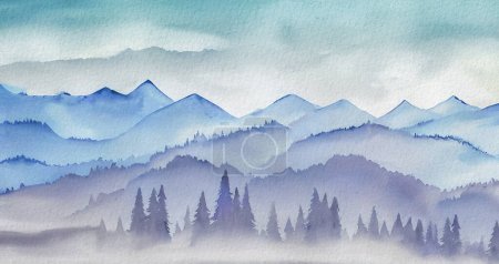 Téléchargez les photos : Aquarelle peinture de montagne, pinèdes forêt montagnes brumeuses avec pics brouillard. Collines aquarelle lavage humide. Grand fond de peinture de paysage courbe. aquarelle illustration d'encre, panorama, horizonta - en image libre de droit